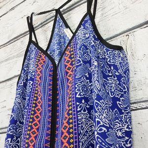 Peach Royal Aztec print bohemian blue flower top S